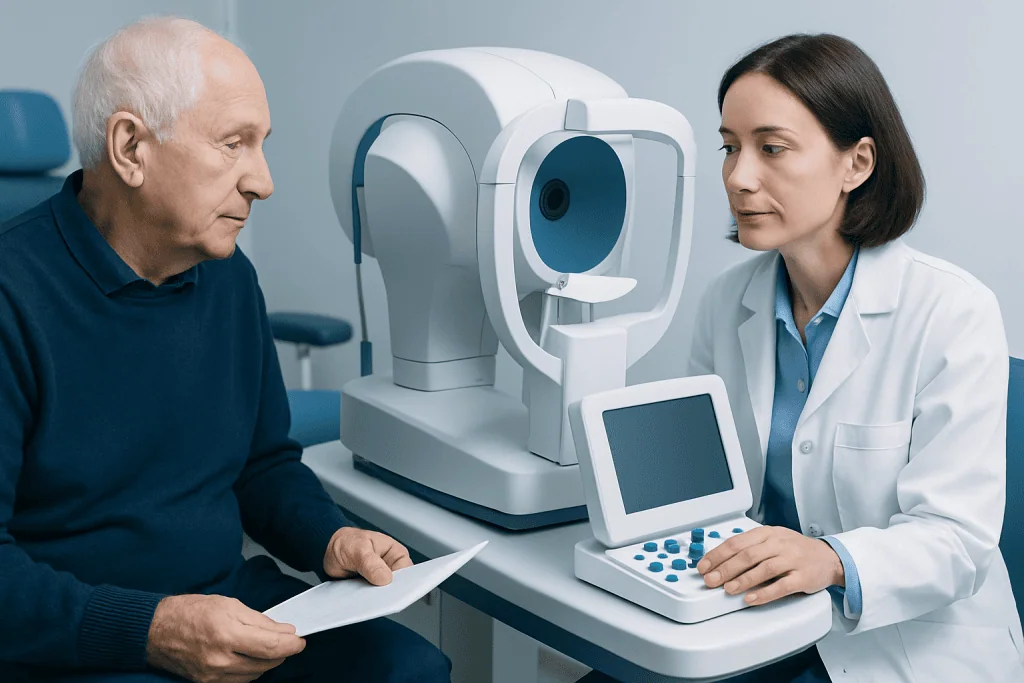 Geriatric patient undergoing eye examination at Acibadem Hospital.