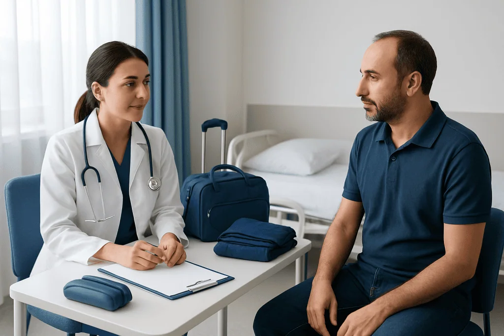 Doctor consulting patient in hospital room with medical equipment.
