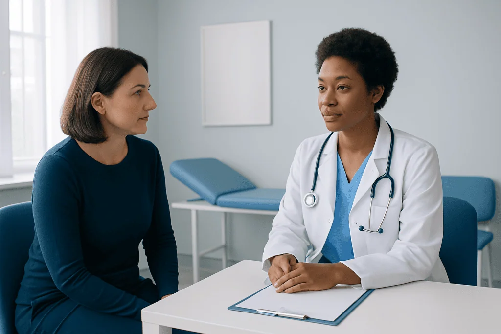 Doctor consulting with a patient in a modern hospital room.