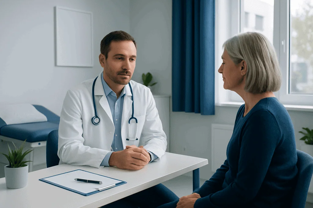 Doctor consulting with elderly patient in hospital room.