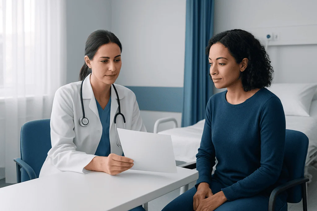 Doctor discussing discharge documents with patient in hospital room.