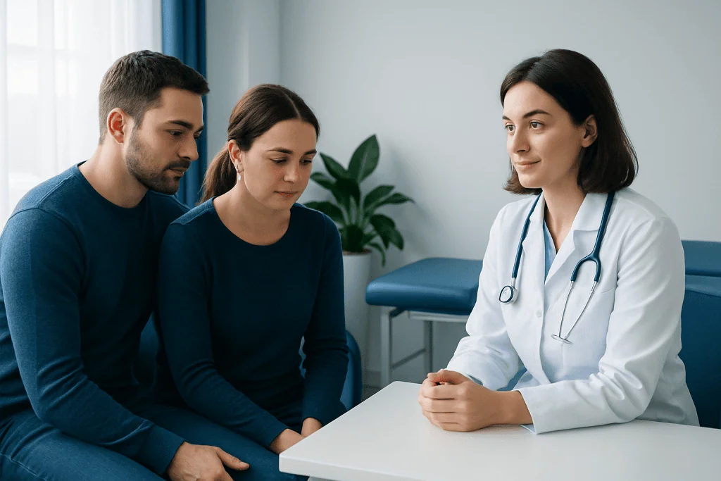 Doctor consulting with a couple about fertility options at Acibadem Hospitals.