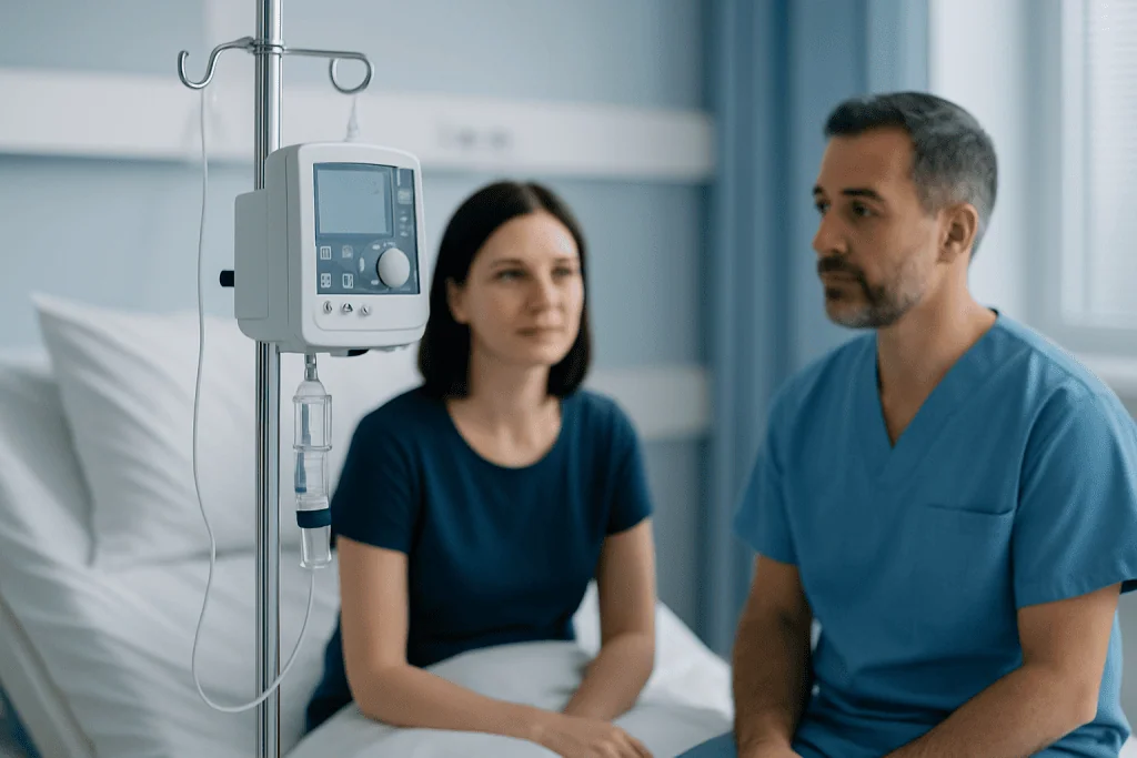 Patient and healthcare professional discussing treatment in hospital room.