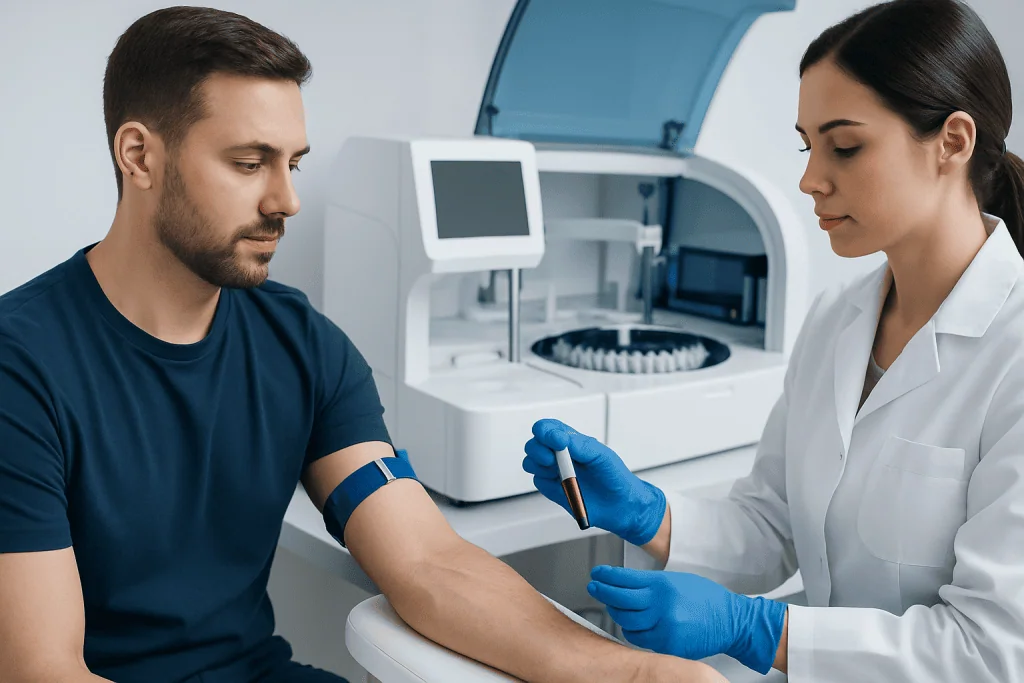 Doctor drawing blood from patient at hospital for follow-up tests.