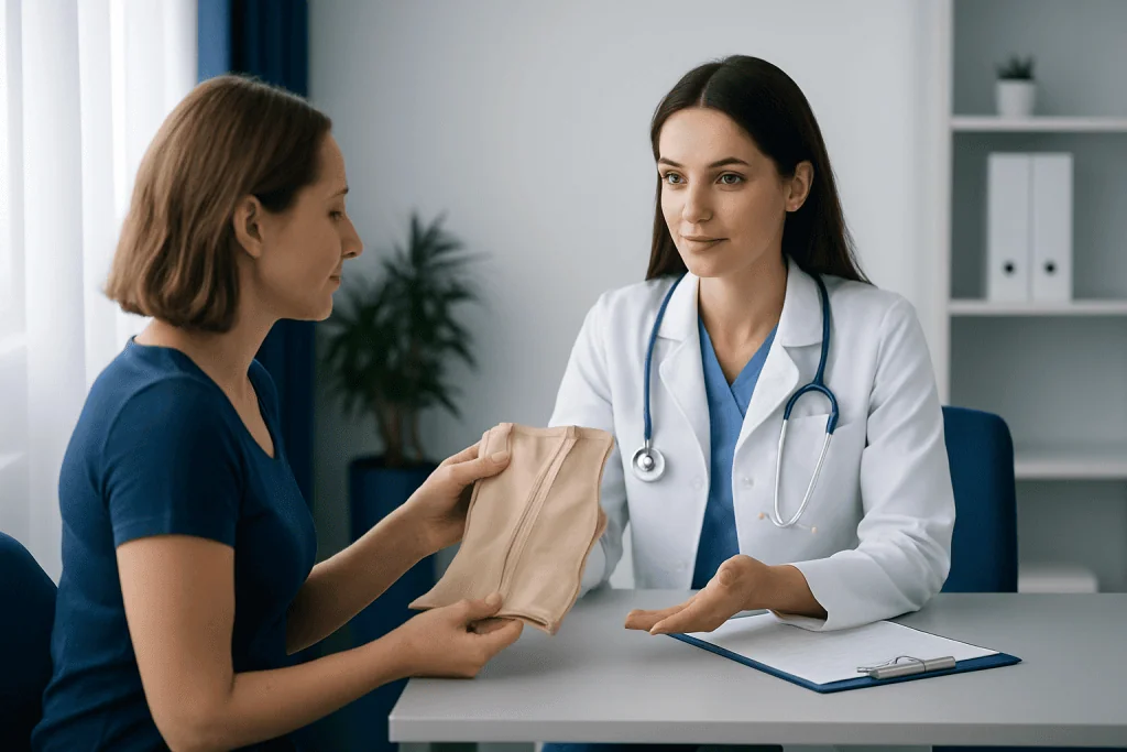 Doctor advising patient on compression garment after surgery in a clinic.