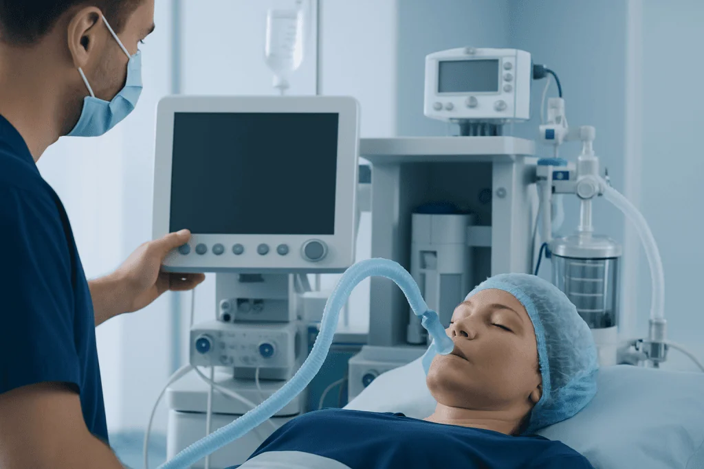 Patient receiving respiratory support in a hospital setting at Acibadem Hospitals.
