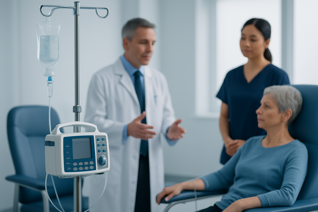 Doctor discussing treatment options with a patient in hospital room.