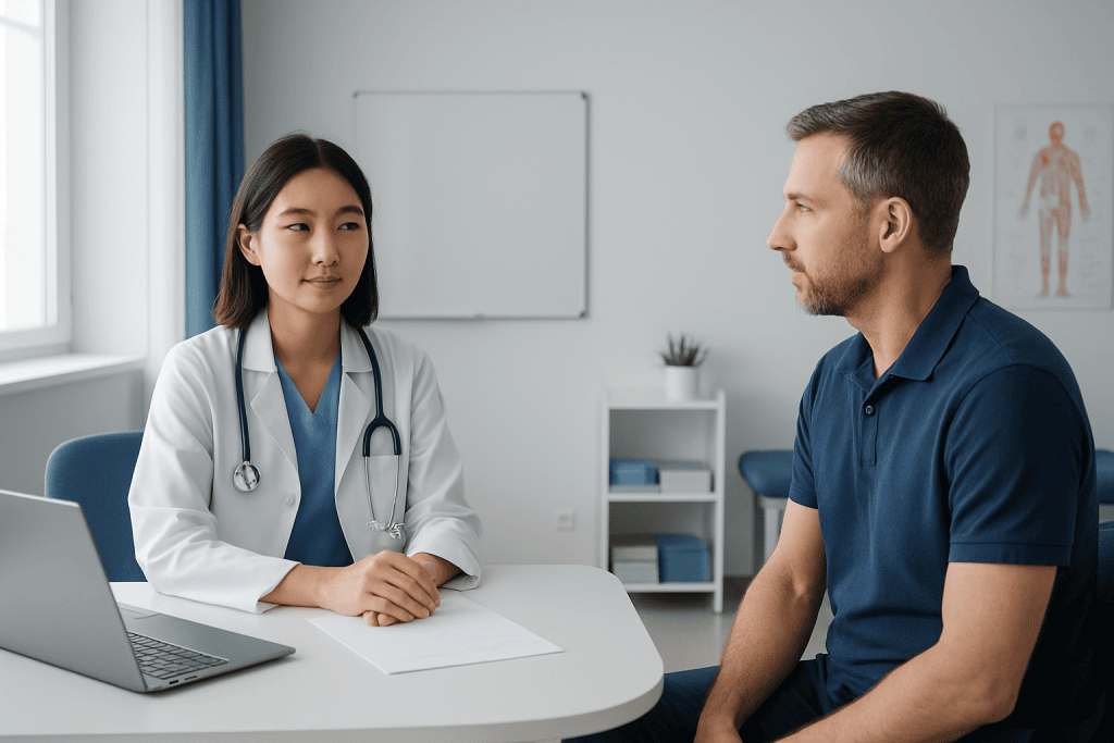 Doctor consulting patient during health screening at Acibadem Hospital.