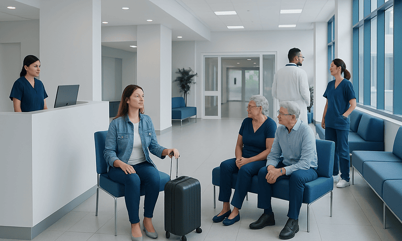 Medical travelers waiting at airport reception area in Turkey.