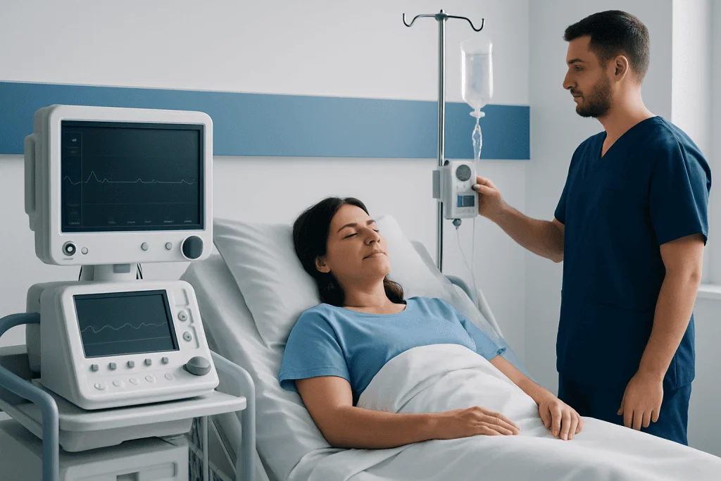 Patient in hospital bed with medical monitor and nurse in a healthcare setting.