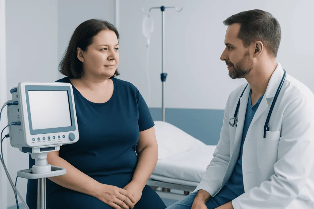 Doctor consulting a patient in a hospital room.