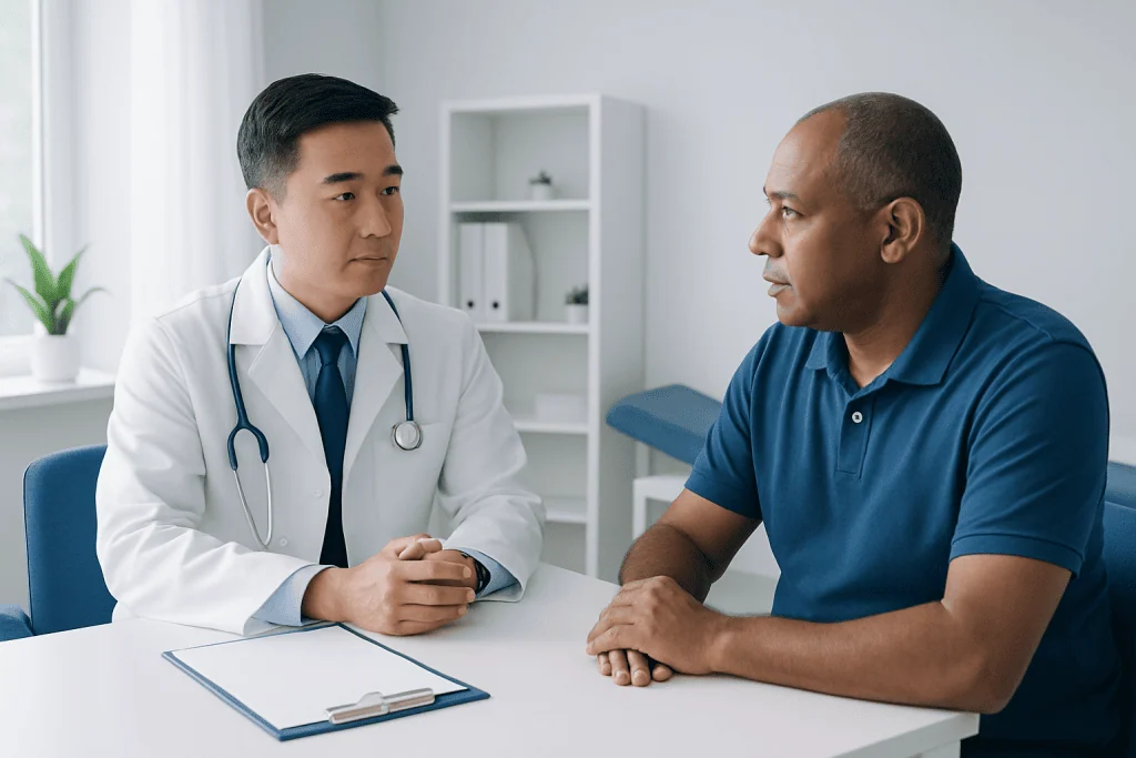 Doctor consulting with patient in a medical office setting.