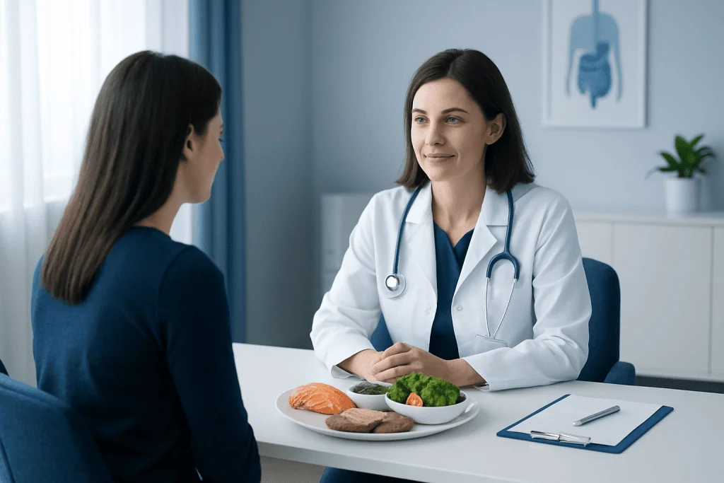 Doctor consulting with patient about gluten-free diet options for celiac disease.