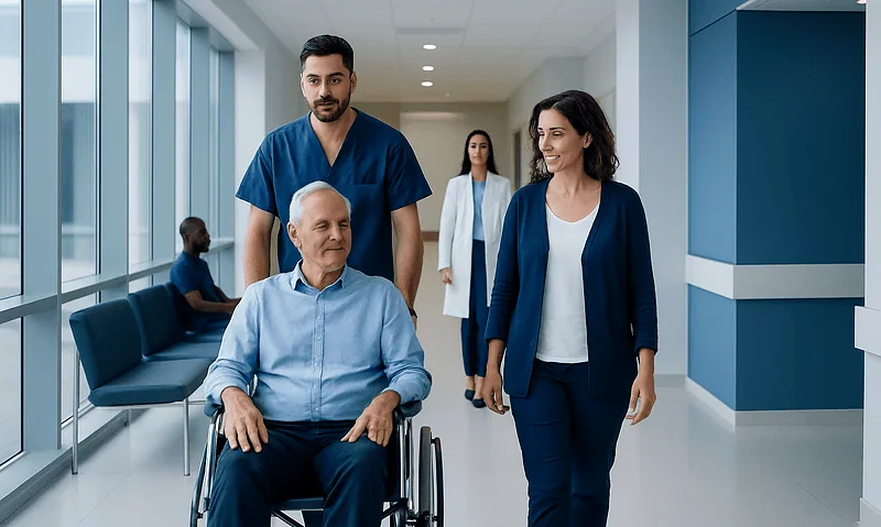 Hospital staff assisting a patient in a wheelchair in a modern corridor.