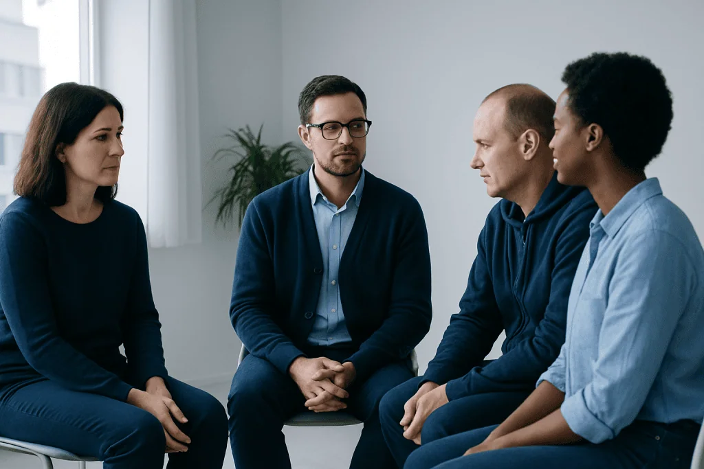Support group meeting for alcohol recovery with diverse participants.