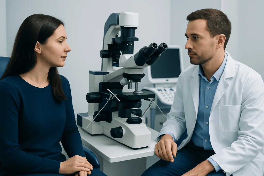 Female patient undergoing fertility testing with a doctor using a microscope.