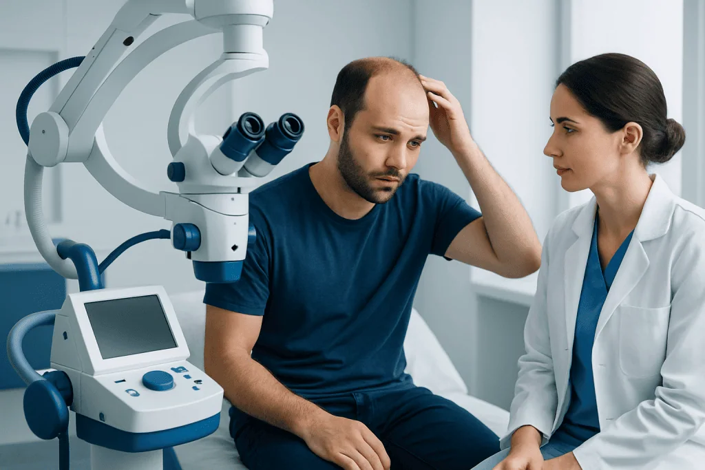 Patient consulting doctor about hair loss at Acibadem Hospital.