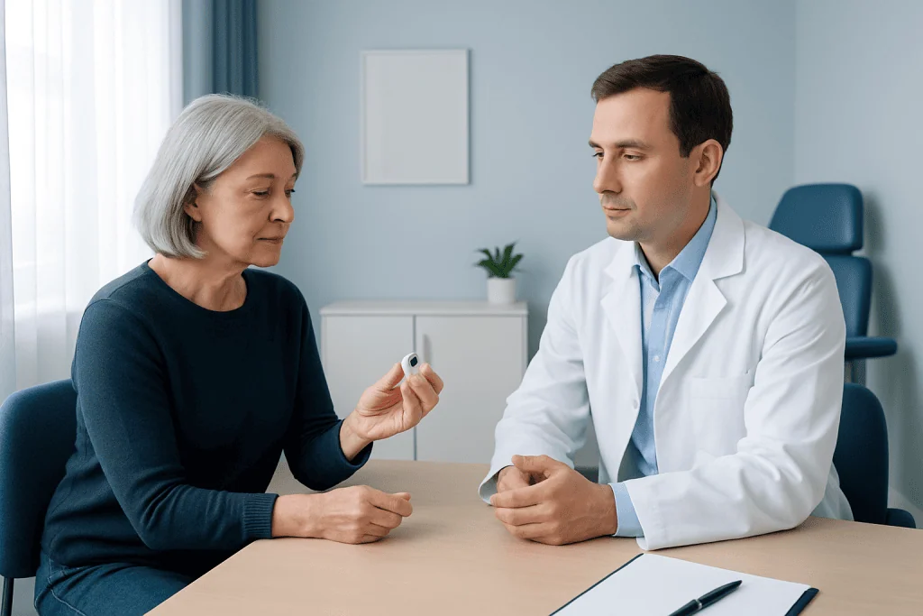 Ocular prosthetics consultation with a doctor and patient in a clinic.