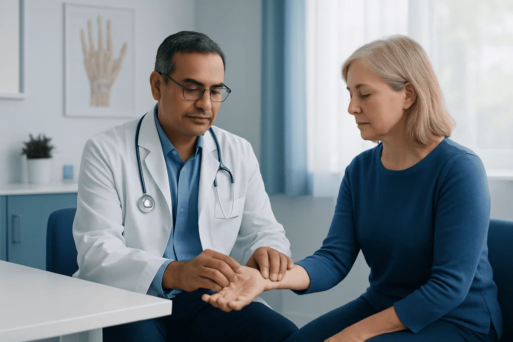 Doctor examining patient's wrist for carpal tunnel symptoms.