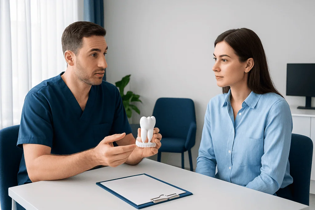 Dentist explaining dental crown procedure to a patient with a model tooth.
