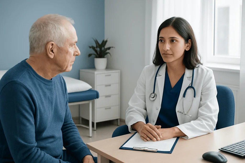 Doctor consulting with elderly patient in a medical office.