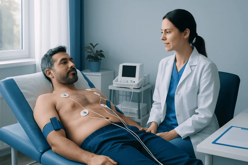 Patient undergoing ECG and echocardiogram at Acibadem Hospital in Turkey.