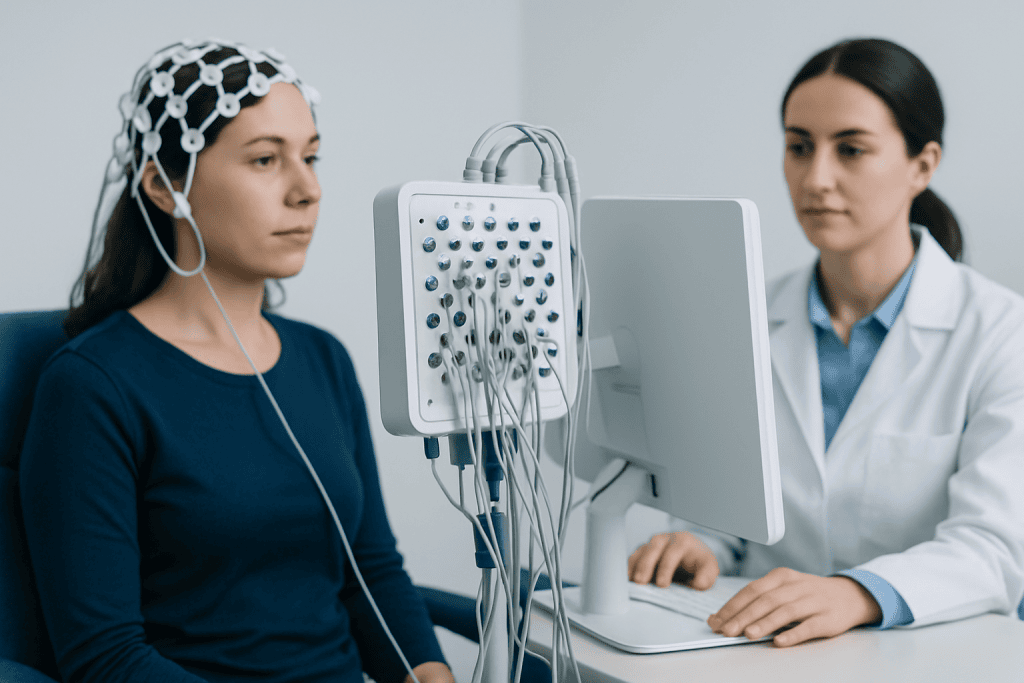 Patient undergoing neuropsych testing with EEG equipment at Acibadem Hospital.