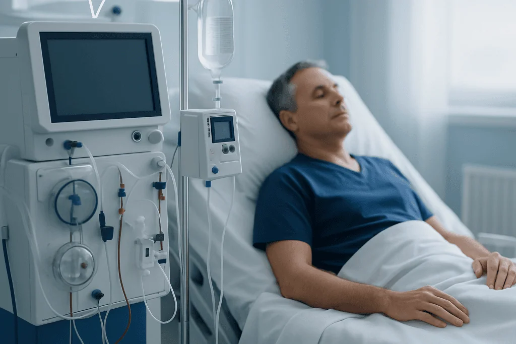 Patient resting in hospital bed after kidney transplant procedure.