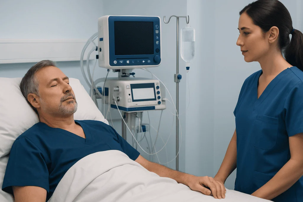 Patient recovering in hospital bed after endovascular aneurysm repair procedure.