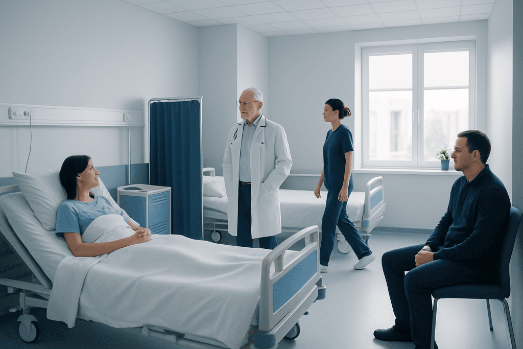 Managing Hospital Room Temperature and Air Conditioning in Turkey 1 Doctor consulting patient in hospital room with visitors present.