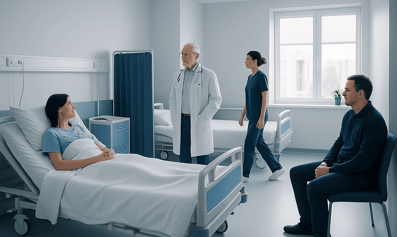 Doctor consulting patient in hospital room with visitors present.
