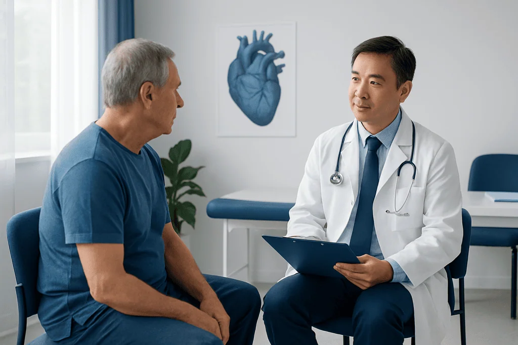 Doctor consulting with a senior male patient in a hospital room.