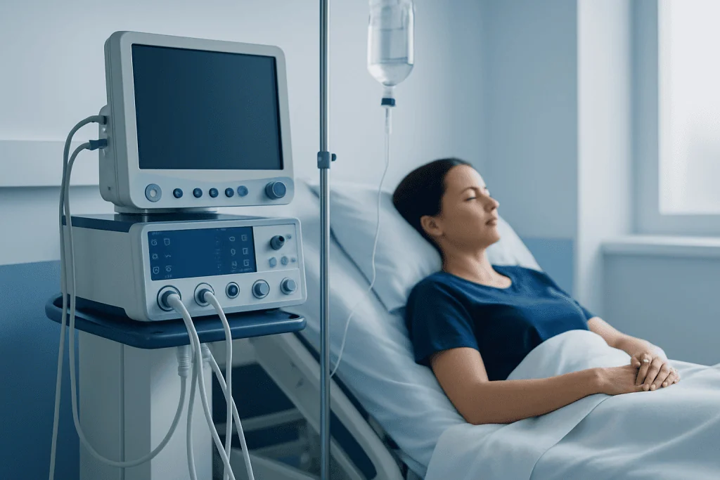 Patient resting in hospital bed with medical monitoring equipment nearby.