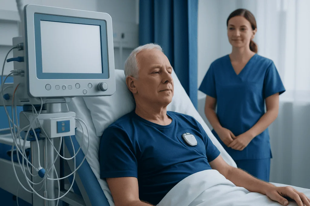 Elderly man with pacemaker in hospital bed with nurse nearby.