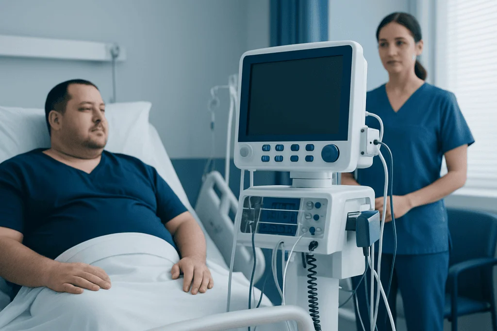 Patient in hospital bed with medical monitor and nurse nearby.