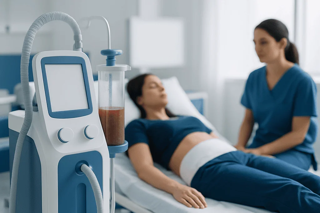 Patient recovering from liposuction in a hospital bed with medical staff nearby.