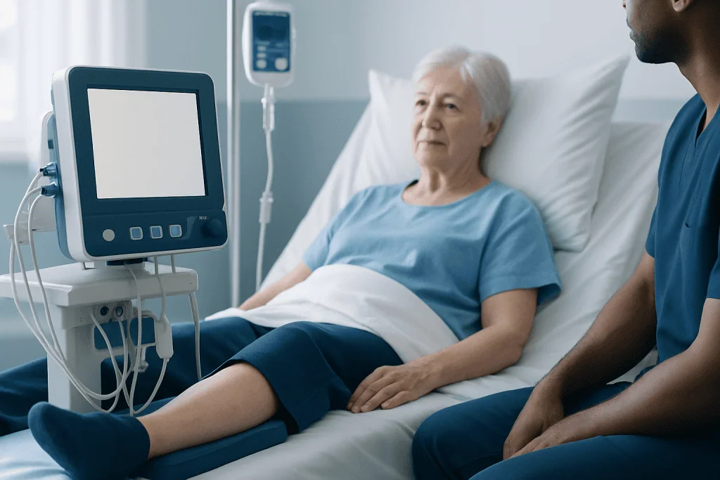 Elderly woman in hospital bed with medical monitor and healthcare professional nearby.