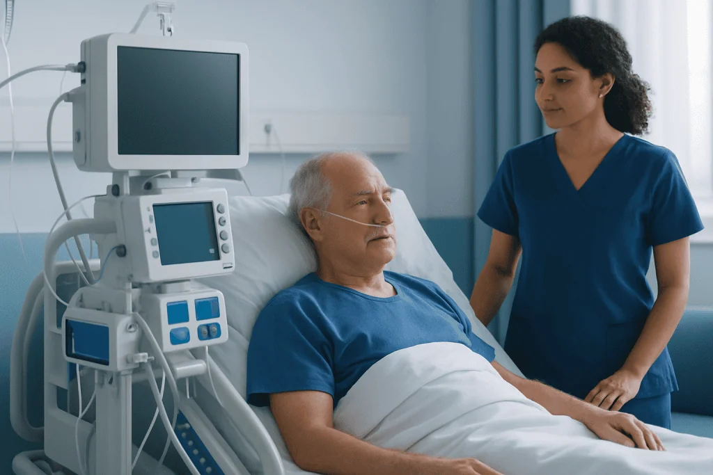 Hospital patient with medical staff after coronary stent procedure.