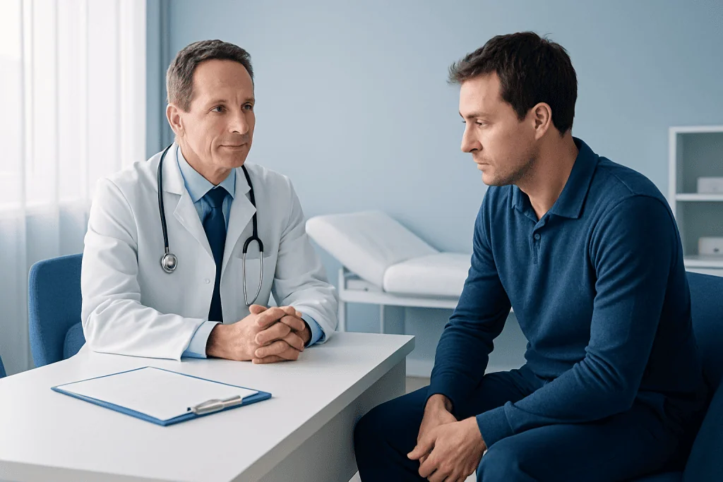 Doctor consulting with a male patient in a medical office setting.