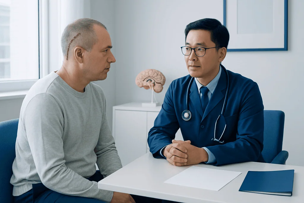 Doctor consulting with patient in a hospital room with brain model in background.