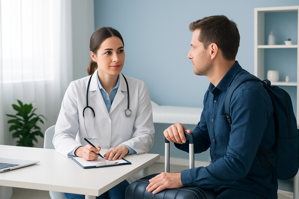 Doctor consulting with a patient at a medical clinic.