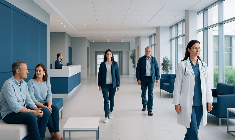 Modern hospital lobby with medical staff and patients in a bright, spacious setting.