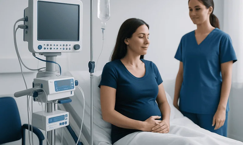 Patient in hospital bed with medical staff and monitoring equipment.