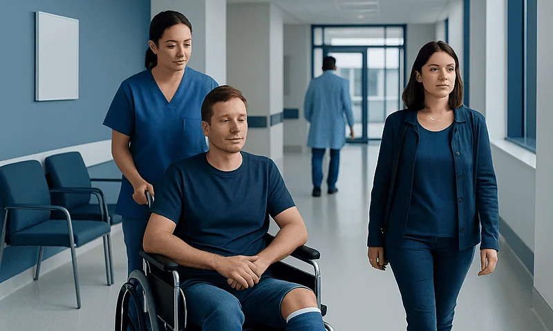 Hospital staff assisting a patient in a wheelchair in a modern corridor.