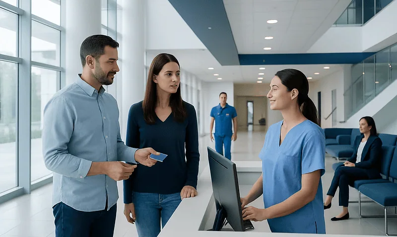 Patients and staff at Acibadem Hospital reception area in Turkey.