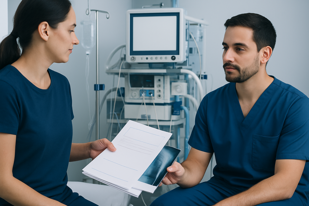Medical consultation with doctor and patient in hospital setting.