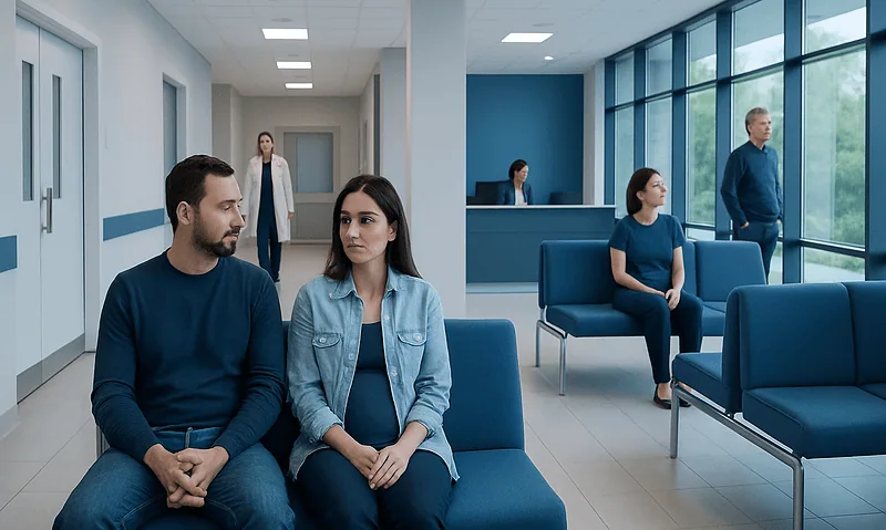 Patients waiting in a modern fertility clinic reception area with large windows.