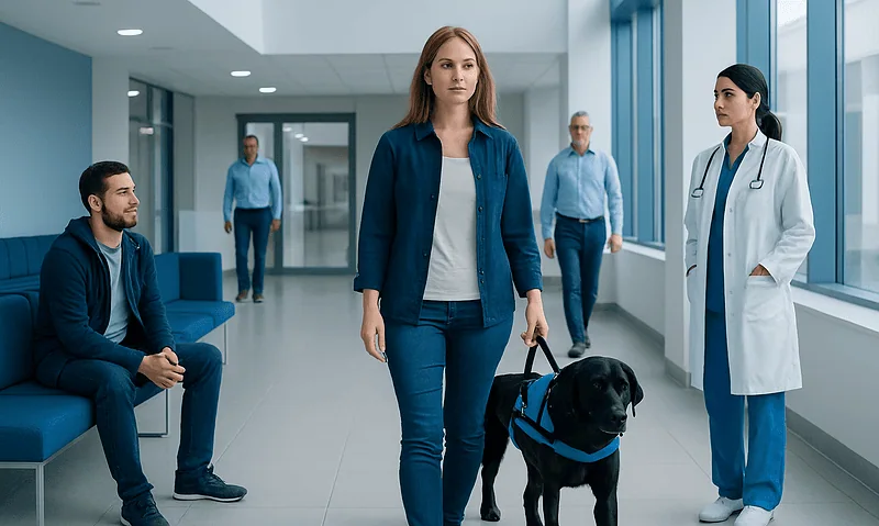 Woman walking with a service dog in a hospital corridor.