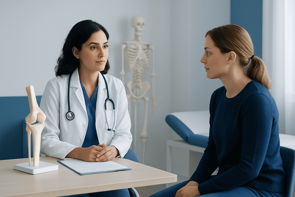 Doctor consulting with patient in a medical office with skeleton model in background.