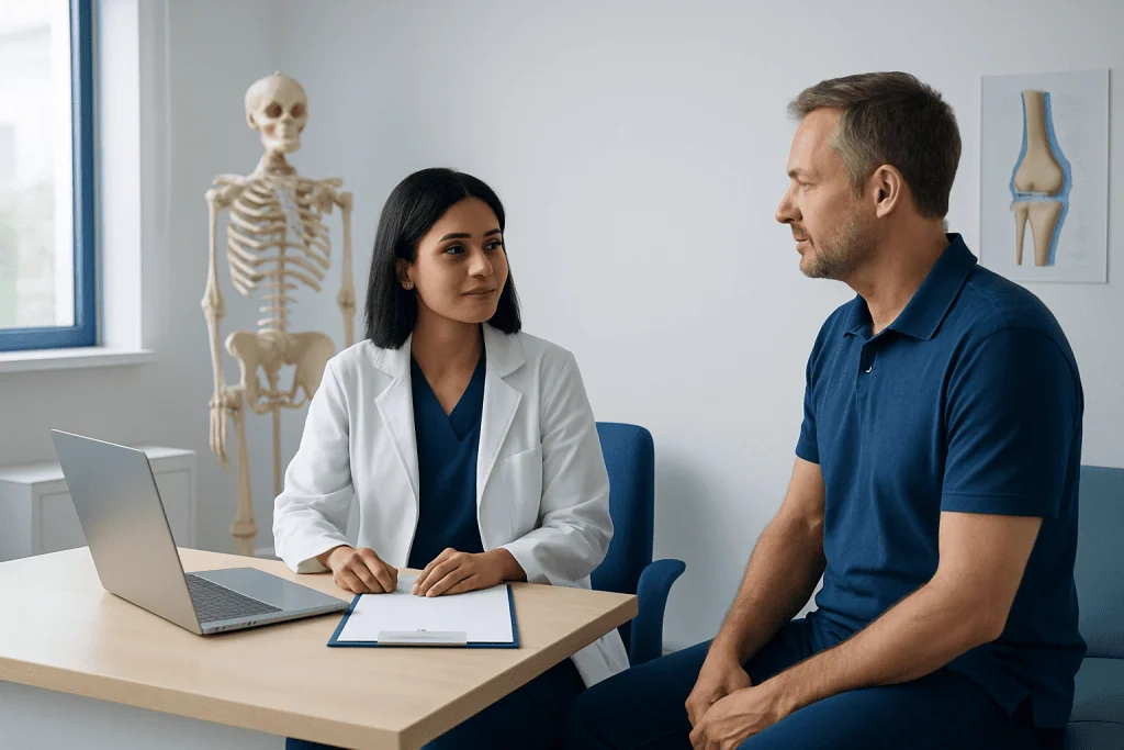 Orthopedic consultation with doctor and patient in clinic setting.